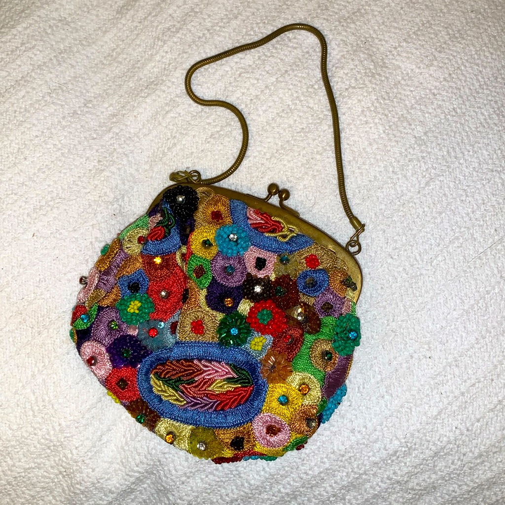 Santi Vintage Multicolor Floral Beaded Embroidered Clutch With Kiss-Lock Closure